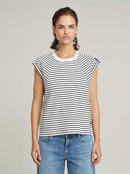 G-Star Koszulka w kolorze biało-granatowym rozmiar: M. Białe bluzki G-Star, m, bez wzorów, z bawełny, retro, bez kołnierzyka, bez ramiączek. Za 113,63 zł.