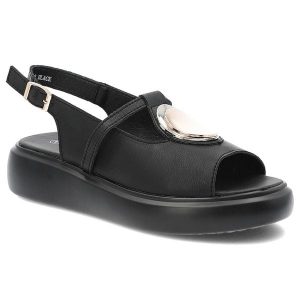Czarne Sandały S.Barski Eleganckie Obuwie Damskie. Czarne sandały S.BARSKI, z aplikacjami, bez obcasa, bez zapięcia. Za 149,00 zł.