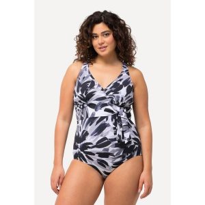 Damski Kostium kąpielowy dekolt typu halter miękkie miseczki z recyklingu. Czarne stroje jednoczęściowe Ulla Popken, bez wzorów, z elastanu. Za 294,99 zł.