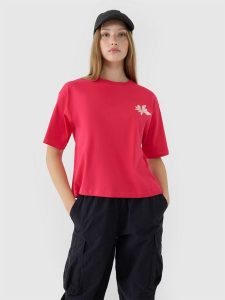4F T-shirt oversize z nadrukiem damski - różowy M. Czerwone t-shirty 4f, m, bez wzorów, z bawełny, bez kołnierzyka, bez ramiączek. W wyprzedaży za 39,99 zł.