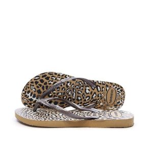 Klapki damskie Havaianas Slim Animals. Brązowe klapki Havaianas, w ażurowe wzory, z materiału, bez obcasa. Za 161,00 zł.