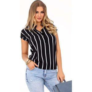 Czarna Bluzka Polo w Paski z Krótkim Rękawem. Czarne bluzki Merribel, l, bez wzorów, z materiału, bez kołnierzyka, bez ramiączek. Za 89,90 zł.
