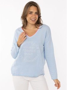 Zwillingsherz Sweter "Positive Mind" w kolorze błękitnym rozmiar: S/M. Niebieskie swetry oversize Zwillingsherz, m, bez wzorów, bez ramiączek. Za 126,99 zł.