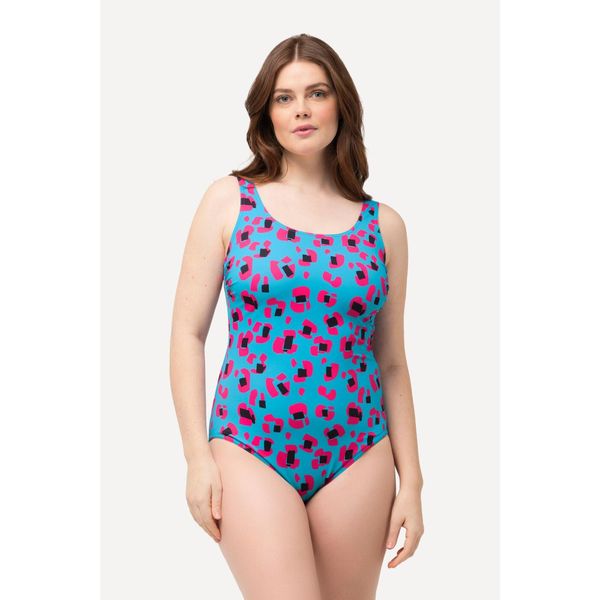 Damskie Strój kąpielowy neonowy nadruk bez miękkich miseczek marszczenie. Niebieskie stroje jednoczęściowe Ulla Popken, bez wzorów, z elastanu. Za 199,99 zł.