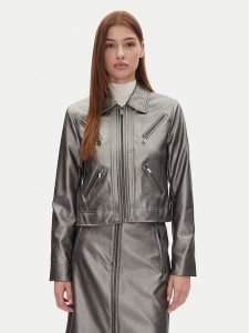 DKNY Kurtka z imitacji skóry P4JJ6XJA Srebrny Regular Fit. Szare kurtki DKNY, s, bez wzorów, ze skóry, bez kaptura. Za 519,99 zł.