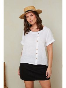 Curvy Lady Lniana koszulka w kolorze białym rozmiar: 44/46. Białe bluzki Curvy Lady, bez wzorów, ze lnu, klasyczne, bez kołnierzyka, bez ramiączek. Za 136,13 zł.