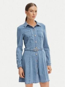 Morgan Sukienka jeansowa 261-RODEX Niebieski Slim Fit. Niebieskie kombinezony Morgan, bez wzorów, z bawełny, bez kołnierzyka, bez ramiączek. Za 429,99 zł.