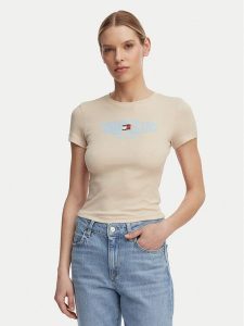 Tommy Jeans T-Shirt Wavy Flag DW0DW22272 Beżowy jasny Slim Fit. Brązowe t-shirty Tommy Jeans, xl, bez wzorów, z bawełny, bez kołnierzyka, bez ramiączek. Za 149,99 zł.