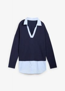 Sweter z cienkiej dzianiny z koszulową wstawką. Niebieskie swetry klasyczne bonprix, z dzianiny, bez kołnierzyka. Za 99,99 zł.