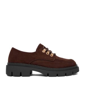 Półbuty JENNY. Brązowe półbuty Jenny, bez wzorów, bez obcasa, na płaskiej podeszwie, bez zapięcia. Za 149,99 zł.