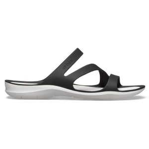 Klapki damskie Crocs Swiftwater Sandal W. Czarne klapki Crocs, bez wzorów, z materiału, bez obcasa. Za 189,00 zł.