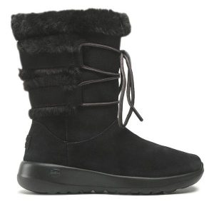 Botki Skechers. Czarne botki Skechers, bez wzorów, bez obcasa, na płaskiej podeszwie, bez zapięcia. Za 289,99 zł.