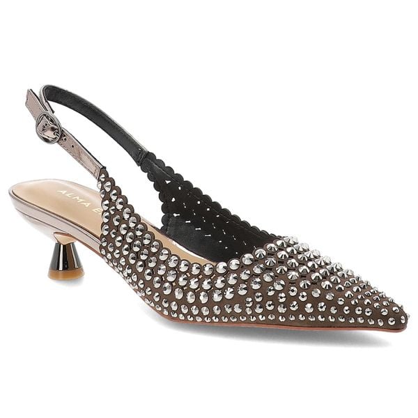 Czółenka damskie Alma en Pena, z odkrytą piętą na sprzączkę na niskim obcasie i z metalowymi ćwiekami, grafitowe, I250531. Czarne czółenka Alma en Pena, z aplikacjami, ze szpiczastym noskiem, bez obcasa, na obcasie, bez zapięcia. Za 539,90 zł.