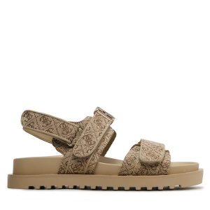 Sandały Guess. Brązowe sandały Guess, z aplikacjami, bez obcasa, na płaskiej podeszwie, bez zapięcia. Za 409,99 zł.