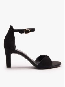 Czarne sandały na wysokim obcasie. Czarne sandały Ryłko, bez wzorów, ze skóry, z okrągłym noskiem, bez obcasa, na obcasie, bez zapięcia. Za 399,99 zł.