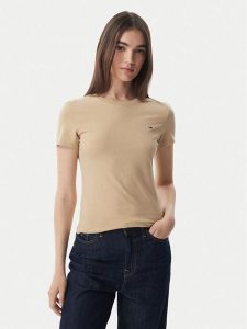 Tommy Jeans T-Shirt DW0DW20459 Beżowy jasny Slim Fit. Brązowe t-shirty Tommy Jeans, s, bez wzorów, z bawełny, bez kołnierzyka, bez ramiączek. Za 129,99 zł.