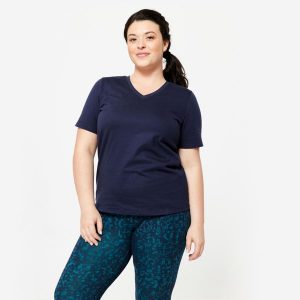Koszulka z krótkim rękawem damska Domyos Gym & Pilates. Zielone bluzki NYAMBA, s, bez wzorów, z bawełny, sportowe, bez kołnierzyka, bez ramiączek. Za 39,99 zł.