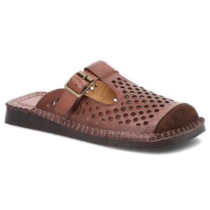 Klapki damskie Artiker, cholewka ze skóry naturalnej licowej perforowana cholewka wsuwany fason na płaskiej podeszwie, brązowe, 58C1012. Brązowe klapki ARTIKER, bez wzorów, ze skóry, bez obcasa, na płaskiej podeszwie. Za 299,00 zł.