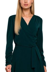 Sukienka elegancka wizytowa kopertowa wiązana w pasie zielona. Zielone sukienki MOE, na imprezę, xl, bez wzorów, eleganckie, bez kołnierzyka, bez ramiączek, maxi, kopertowe. Za 379,00 zł.