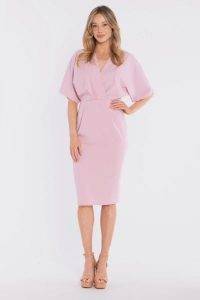 Sukienka elegancka midi kimonowa góra dopasowany dół różowa. Czerwone sukienki Stylove, do pracy, l, bez wzorów, z poliesteru, biznesowe, bez kołnierzyka, bez ramiączek, midi, dopasowane. Za 289,00 zł.