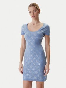 Guess Sukienka dzianinowa W6RK92 Z3JD2 Błękitny Regular Fit. Niebieskie sukienki Guess, s, z aplikacjami, z dzianiny, bez kołnierzyka, bez ramiączek. Za 659,99 zł.