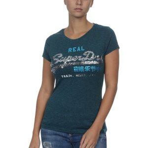 Koszulka turystyczna damska Superdry Vintage Logo Sequin. Niebieskie koszulki sportowe Superdry, bez wzorów, z bawełny, bez ramiączek. Za 92,00 zł.