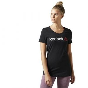 Koszulka sportowa damska Reebok Linear Read Tee. Czarne koszulki sportowe Reebok, bez wzorów, bez ramiączek. Za 104,00 zł.