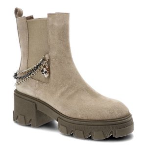 Botki damskie Carinii, naturalna skóra zamszowa masywna podeszwa z wyraźnym bieżnikiem ozdobny łańcuch, bez, B8483_-O17-000-000-F56. Brązowe botki Carinii, bez wzorów, ze skóry, bez obcasa, bez zapięcia. Za 429,00 zł.