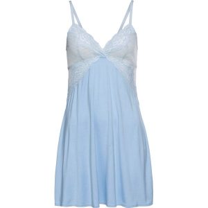 Koszulka nocna z wiskozy. Niebieskie koszule nocne bonprix, z aplikacjami, z koronki, bez ramiączek. Za 99,99 zł.