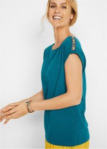 T-shirt z czystej bawełny organicznej. Niebieskie t-shirty bonprix, m, bez wzorów, z bawełny, bez kołnierzyka, bez ramiączek. Za 39,99 zł.