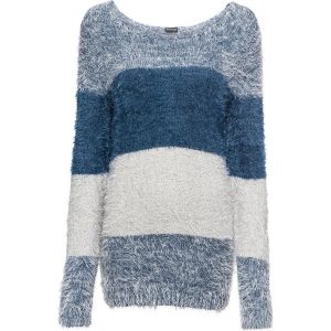 Sweter z przędzy z długim włosem w paski. Czarne swetry klasyczne bonprix, z dzianiny, bez kołnierzyka. Za 124,99 zł.