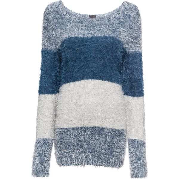 Sweter z przędzy z długim włosem w paski. Czarne swetry klasyczne bonprix, z dzianiny, bez kołnierzyka. Za 114,99 zł.