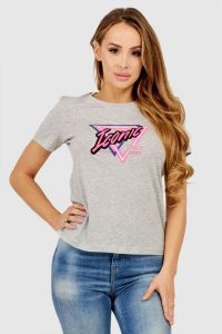 GUESS Szary t-shirt damski iconic. Szare t-shirty Guess, s, z aplikacjami, z bawełny, bez kołnierzyka, bez ramiączek. W wyprzedaży za 109,99 zł.