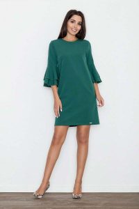 Zielona Elegancka Sukienka z Hiszpańskim Rękawem. Zielone sukienki Figl, l, bez wzorów, z materiału, eleganckie, bez kołnierzyka, bez ramiączek. Za 269,00 zł.