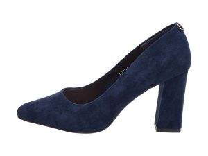 Granatowe zamszowe czółenka damskie na słupku Sergio Leone Pb216. Niebieskie czółenka Sergio Leone, bez wzorów, z zamszu, bez obcasa, na słupku, bez zapięcia. Za 169,00 zł.