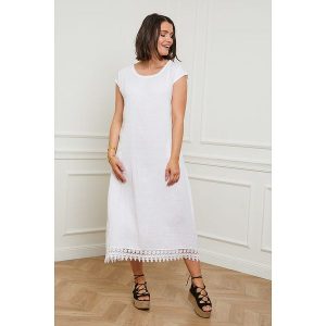 Curvy Lady Lniana sukienka w kolorze białym rozmiar: 48/50. Białe sukienki Curvy Lady, na co dzień, bez wzorów, z koronki, klasyczne, bez kołnierzyka, bez ramiączek, maxi, proste. Za 127,35 zł.