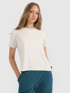 4F T-shirt z prążkowanej dzianiny z modalem damski - beżowy L. Brązowe t-shirty 4f, l, bez wzorów, z dzianiny, bez kołnierzyka, bez ramiączek. Za 79,99 zł.