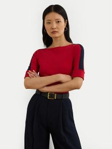 LAUREN RALPH LAUREN Bluzka 200957589002 Czerwony Slim Fit. Czerwone bluzki Lauren Ralph Lauren, s, bez wzorów, z bawełny, bez kołnierzyka, bez ramiączek. Za 209,99 zł.