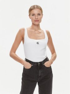 Calvin Klein Jeans Top J20J223192 Biały Relaxed Fit. Białe topy Calvin Klein Jeans, l, bez wzorów, z bawełny, bez kołnierzyka, bez ramiączek. Za 89,99 zł.