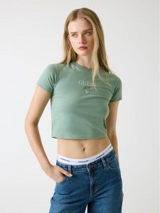 Guess Jeans T-Shirt 180328 Zielony Classic Fit. Zielone t-shirty Guess Jeans, xs, z aplikacjami, z jeansu, bez kołnierzyka, bez ramiączek. Za 129,00 zł.