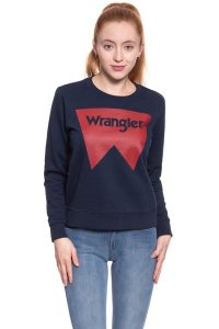 BLUZA WRANGLER DAMSKA LOGO CREW NAVY W6087HY35 112130466. Niebieskie bluzy Wrangler, l, z aplikacjami, z bawełny, bez kaptura. W wyprzedaży za 69,99 zł.