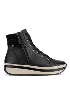 Rieker Revolution Lifestyle Trzewiki W0962-00 Czarny. Czarne botki Rieker Revolution Lifestyle, bez wzorów, ze skóry, bez obcasa, na płaskiej podeszwie, bez zapięcia. Za 499,99 zł.