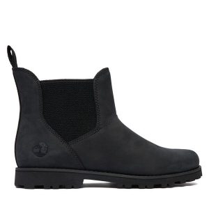 Sztyblety Timberland. Czarne botki Timberland, bez wzorów, bez obcasa, na płaskiej podeszwie, bez zapięcia. Za 399,99 zł.