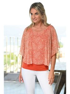 Bleu d'Azur Bluzka "Terracotta" w kolorze pomarańczowym rozmiar: 40/42. Pomarańczowe bluzki Bleu d'Azur, w ażurowe wzory, klasyczne, bez kołnierzyka, bez ramiączek. Za 149,66 zł.