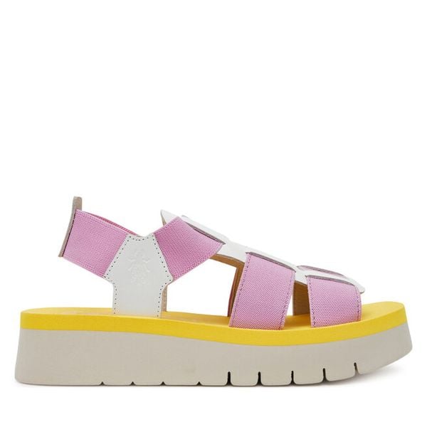 Sandały Fly London. Czerwone sandały Fly London, bez wzorów, bez obcasa, na koturnie, bez zapięcia. Za 249,99 zł.