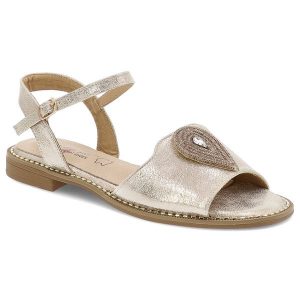 Sandały damskie S. Barski, ze sprzączką z eko skóry eleganckie na płaskim obcasie, złote, KV51-098. Żółte sandały S.BARSKI, z aplikacjami, ze skóry, bez obcasa, na płaskiej podeszwie, bez zapięcia. Za 109,00 zł.