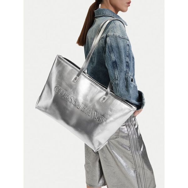 Torebka Guess Jeans. Szare shopper bag Guess Jeans, z aplikacjami, z jeansu, bez dodatków. Za 184,99 zł.
