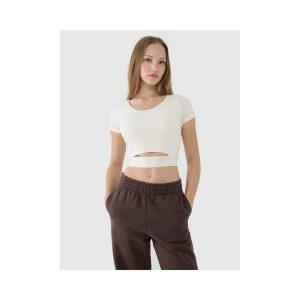 T-shirt crop top gładki damski 4F 4FRSS25TTSHF2695. Białe t-shirty 4f, bez wzorów, z bawełny, bez kołnierzyka, bez ramiączek. Za 34,99 zł.