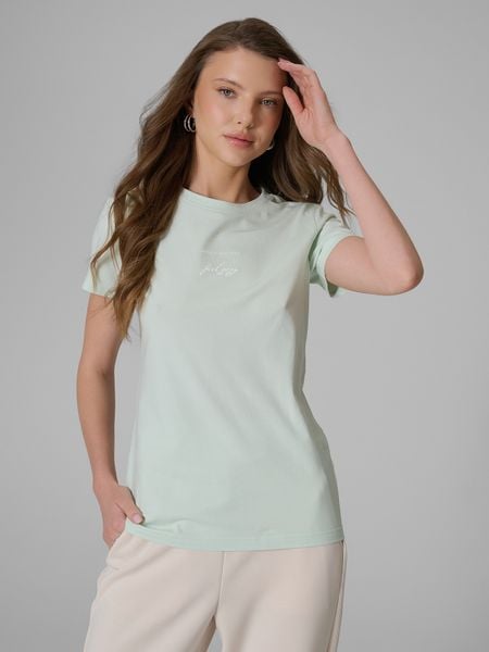 4F T-shirt slim z nadrukiem damski - miętowy S. Niebieskie t-shirty 4f, l, bez wzorów, z jeansu, bez kołnierzyka, bez ramiączek. Za 49,99 zł.