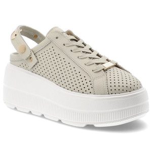 Klapki damskie S.Barski, ze skóry naturalnej licowej ażurowa cholewka platforma sznurowane styl casual, beżowe, LR61-7088. Brązowe klapki S.BARSKI, w ażurowe wzory, ze skóry, bez obcasa, na platformie. Za 229,00 zł.